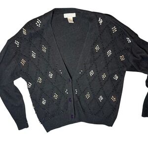 Ralsey‎ VTG Black Silk Angora Beaded Pearl Argyle Cardigan Sweater  Whimsigoth L